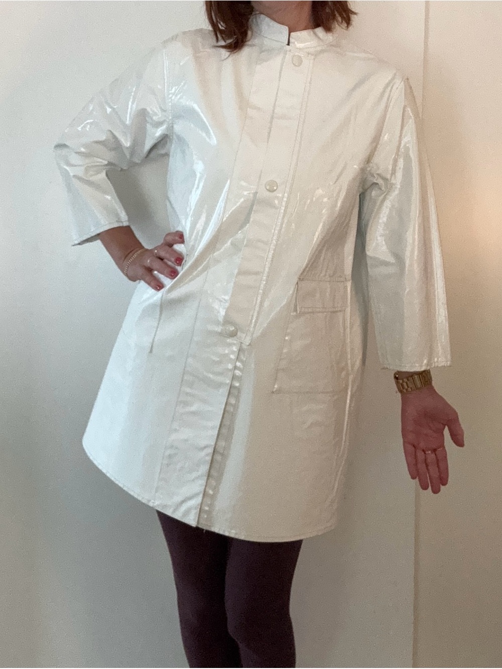 Vintage Manby 60s Mod White Vinyl Raincoat Lab Coat Snap Front Med